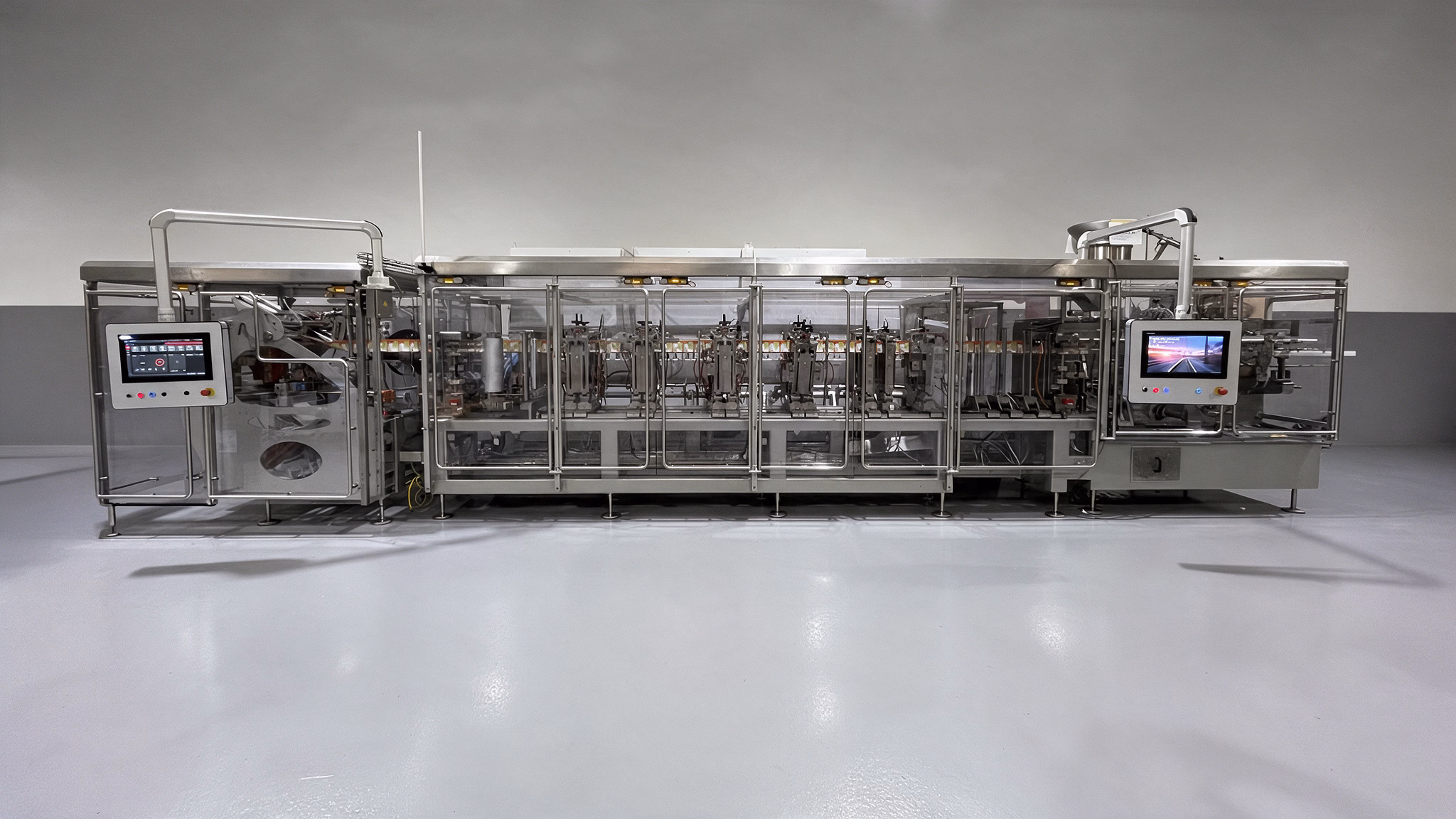 Mespack MSPH pharma stick pack machine integrated with the A1 cartoner at the Innovation Center